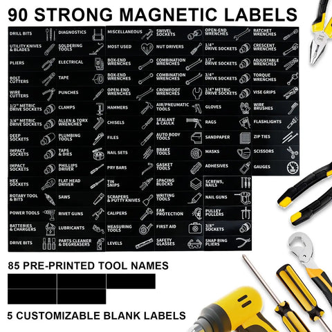 Magnetic Toolbox Labels Set Of 90 For Quick Organization 3.5 By 1 Inch Large Stickers With Strong Magnets For Tool Chest Drawers Fits US General Tool Boxes And All Steel Cabinets For Home Garage Shop.