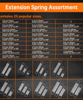 Ultimate 100 Piece Extension Spring Kit With 25 Sizes, Stainless Steel Coils, size chart and spring images displayed.
