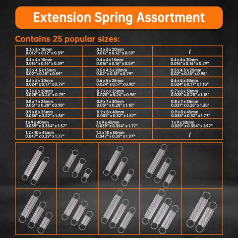 Ultimate 100 Piece Extension Spring Kit With 25 Sizes, Stainless Steel Coils, size chart and spring images displayed.