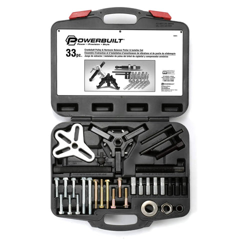 Harmonic Balancer And Pulley Installer Tool Kit 33 Piece Set with Two and Three Jaw Gear Pulls in storage case open view