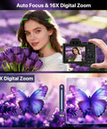 Woman photographed with 8K Ultra HD Vlogging Camera With WiFi, Autofocus And 88MP Still Photos, Dual Lens Setup, 16X Digital Zoom
