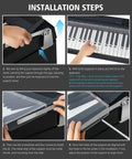 Installation steps showing how to attach Clear Acrylic Dust Proof Protective Cover Lid For Yamaha P Series Digital Pianos And Keyboards P35 P45 P71 P85 P95 P48 P105 P115 P125 Keeps Dust Off Spill Proof Pet Hair Guard Water Resistant Shield That Fits With Wooden Stand Easy Install.