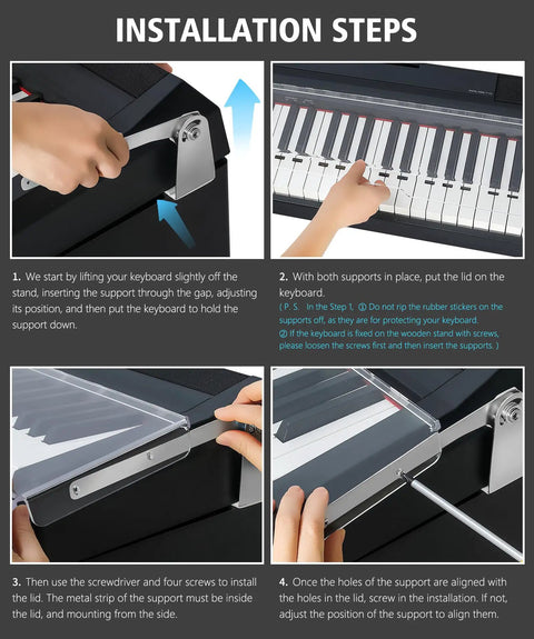 Installation steps showing how to attach Clear Acrylic Dust Proof Protective Cover Lid For Yamaha P Series Digital Pianos And Keyboards P35 P45 P71 P85 P95 P48 P105 P115 P125 Keeps Dust Off Spill Proof Pet Hair Guard Water Resistant Shield That Fits With Wooden Stand Easy Install.