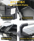 Durable 14 Inch Tool Box With Removable Tray For Hobby And Craft Storage Lightweight Three Pound PP Plastic Box Built To Last Cold Weather Ready Ideal For Small Parts And DIY Projects Portable Organization, featuring stainless steel lock, internal structure, top storage box, and aluminum alloy handle.