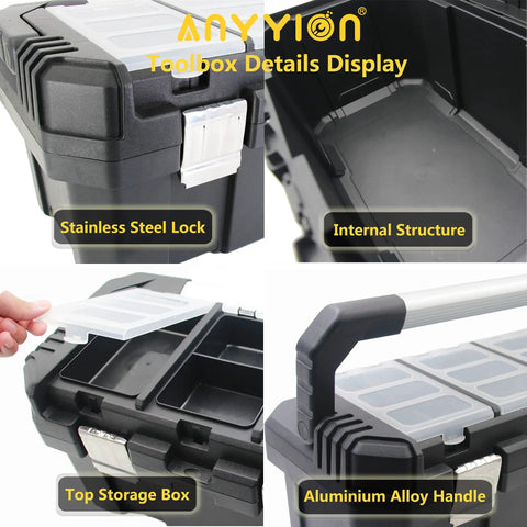 Durable 14 Inch Tool Box With Removable Tray For Hobby And Craft Storage Lightweight Three Pound PP Plastic Box Built To Last Cold Weather Ready Ideal For Small Parts And DIY Projects Portable Organization, featuring stainless steel lock, internal structure, top storage box, and aluminum alloy handle.
