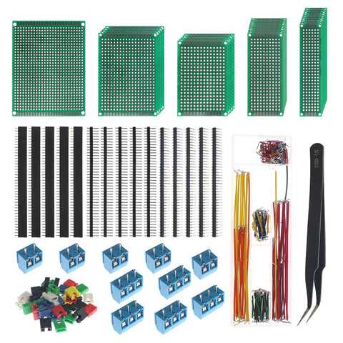 All In One PCB Prototyping Kit With 31 Double Sided Boards In Five Sizes, 140 Jumper Wires, Tweezers, And 40 Pin 2.54mm Header Connectors