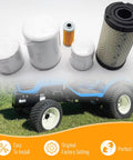 Six Piece Filter Kit For LS Tractor MT125 Includes Oil Filter Fuel Filter Air Filter Hydraulic Filter Hydrostatic Filter And Replacement OE Numbers 11930535150 40358122 40049450 40195621 40220109 displayed with tractor
