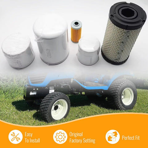 Six Piece Filter Kit For LS Tractor MT125 Includes Oil Filter Fuel Filter Air Filter Hydraulic Filter Hydrostatic Filter And Replacement OE Numbers 11930535150 40358122 40049450 40195621 40220109 displayed with tractor