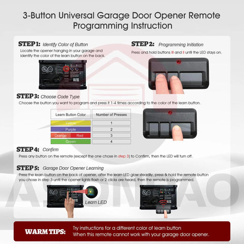 Instructions on Two Pack Universal Garage Door Opener Remote Works With Chamberlain LiftMaster And Sears Craftsman With Learn Button Colors Yellow Purple Red Green 953ESTD 893LM 950ESTD 891LM Replacement Remote
