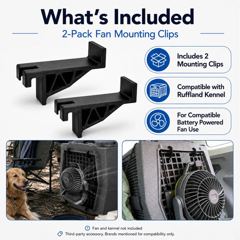 Keep The Pup Squad Chill As The Summer Temps Rise Using This Trusty 2 Pack Fan Mounting Clip That Secures Battery Operated Blowers Firmly Inside Any Standard Dog Crate Or Pet Enclosure Setup, features 2 durable black plastic clips.
