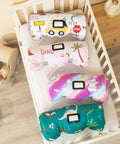 Toddler Nap Mat With Pillow And Blanket, 52 By 20 Inches, Lightweight Soft Sleep Pad displayed on crib, various patterns