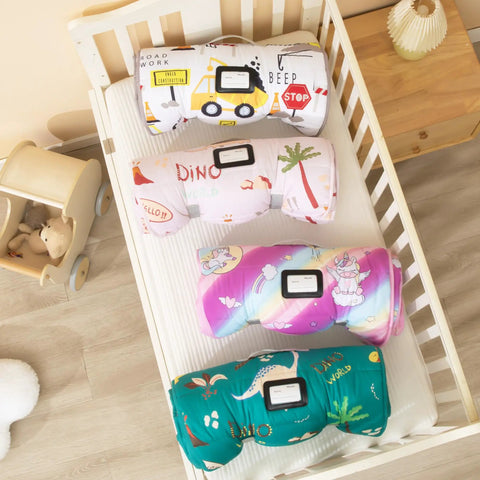 Toddler Nap Mat With Pillow And Blanket, 52 By 20 Inches, Lightweight Soft Sleep Pad displayed on crib, various patterns