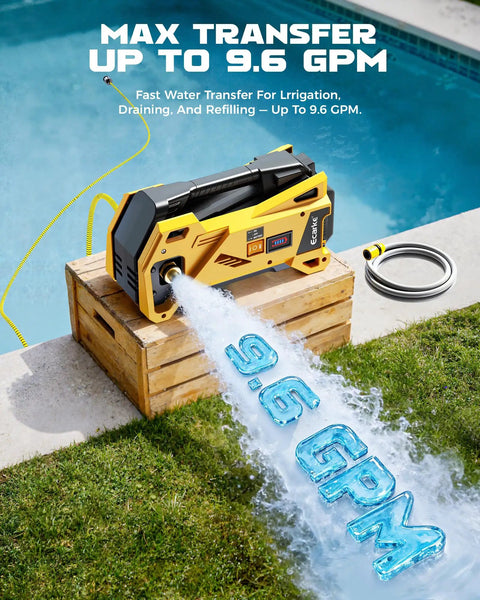 Cordless Water Transfer Pump With 9.6 GPM Flow, Dewalt 20V Battery Compatible, demonstrating water flow beside a pool