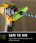 BullseyeBore Core CG1-101 drill guide attached to a yellow cordless drill; green plastic guide.