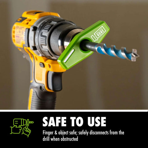 BullseyeBore Core CG1-101 drill guide attached to a yellow cordless drill; green plastic guide.