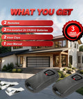 Two Pack Universal Garage Door Opener Remote Replacement With Rolling Code Security For Genie And Overhead Door Systems, batteries and clips included.