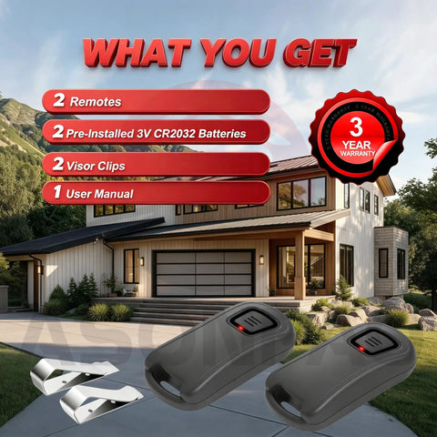 Two Pack Universal Garage Door Opener Remote Replacement With Rolling Code Security For Genie And Overhead Door Systems, batteries and clips included.