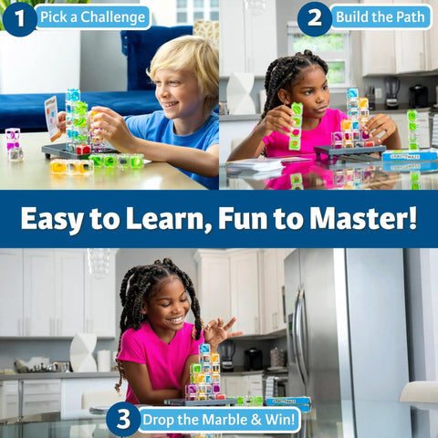 Kids playing Gravity Maze Falling Marble Logic Game For Kids 8 To 12 A Brainy STEM Puzzle Toy, building paths with blocks.
