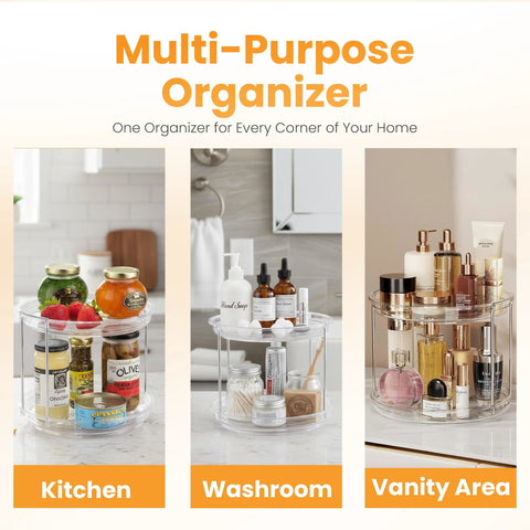 Oizeir clear two-tier lazy Susan organizer, rotating spice rack for kitchen counter and vanity.