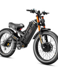 Rad Dual Motor E Bike With 5600W Peak Output And Beast Mode Torque For Conquering Grades In Style Long Range Ride featuring a black frame, fat tires, and air shock fork.