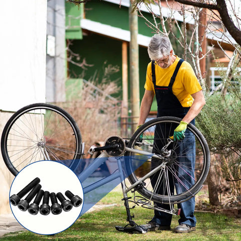 Man fixing bicycle with M2 Socket Head Screw Kit 1200 Pieces With Nuts Washers And Lock Washers, close-up of screws inset.