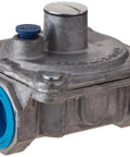 Maxitrol RV48L natural gas pressure regulator, metal body with blue 1-inch inlet/outlet port and top adjustment cap