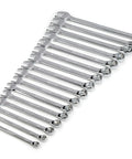 16-Piece Metric 6-Point Wrench Set With Full Polish Chrome Finish, arranged in size order, showing chrome vanadium steel construction.