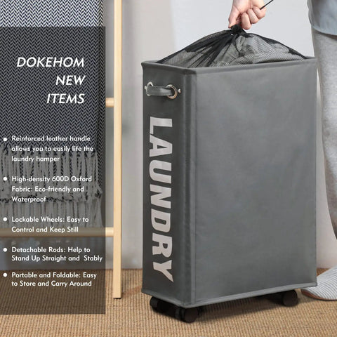 Slim Laundry Basket On Wheels With Grab-and-Go Handle, Collapsible Rolling Hamper For Narrow Corners, Gray 40-45L
