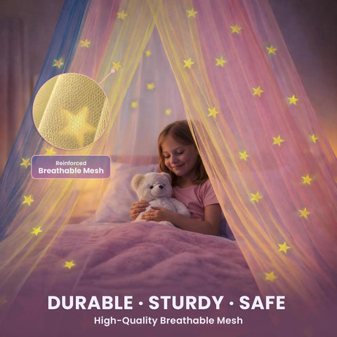 Girl under Pink Princess Bed Canopy With Glowing Stars For Girls, Fits Crib, Twin, Full, Queen Beds, Dreamy Rainbow Netting Ceiling Tent