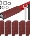 Handheld Rubber Sanding Drum Set With 120 Grit Sleeves plugs into power drill, featuring sanding drums and accessories for easy DIY tasks.