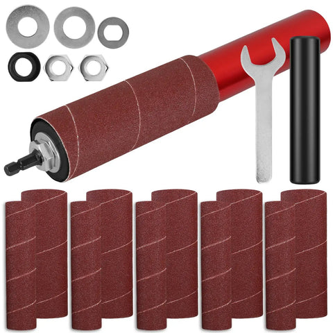 Handheld Rubber Sanding Drum Set With 120 Grit Sleeves plugs into power drill, featuring sanding drums and accessories for easy DIY tasks.
