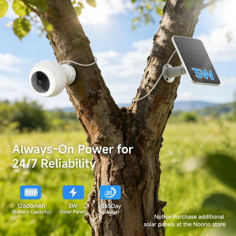 Outdoor Wireless Security Camera with 600 Lumen Spotlight Solar Powered Battery Pack on tree with solar panel.