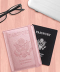 RFID Passport Holder For Travel Wallet With Pen Loop Elastic Closure And PU Leather Card Holder Passport Book Cover For Women And Men Rose Gold Accents next to black passport