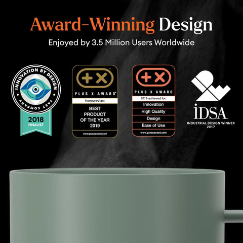 Keep Your Coffee Piping Hot With This App Controlled Smart Mug Featuring A 14Oz Rechargeable Heated Warmer Crisp Led Panel And On Point Temp Controls Total Game Changer For Desk Vibes And Daily Sessions In Fresh Sage Green, showcasing awards for design excellence.