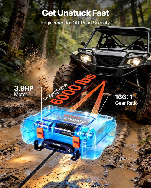Portable Workhorse Winch 6000 Lbs 12V DC Electric With Synthetic Rope Wireless And Wired Remotes Box Style Recovery Kit With Fairlead Clevis Hook And Strap For ATV UTV Off Road Pulling Tasks, blue box case on muddy trail