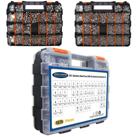 All In One Must Have 1575 Piece Stainless Steel Nuts And Bolts Kit With SAE Size Variety, Orange Double Sided Organizer Box
