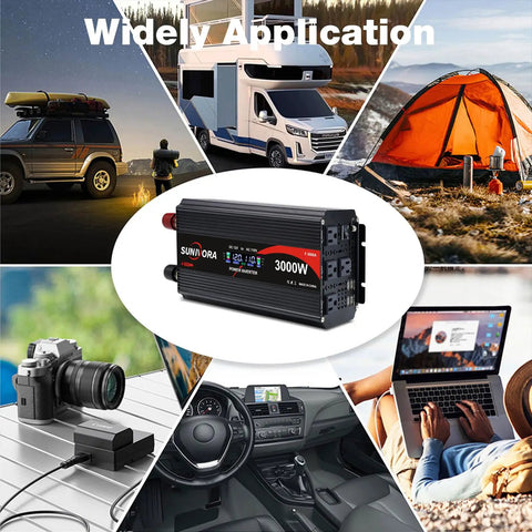 3000W Power Inverter 12V To 120V DC To AC Converter With LCD Remote 6000W Peak Surge, used in vehicles, camping, and offices.