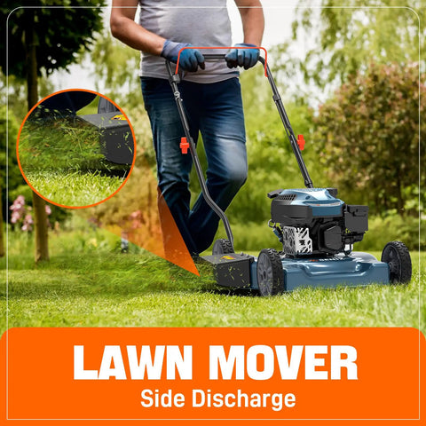 Person using 20 Inch Gas Lawn Mower With 144cc 4 Cycle Engine, Walk Behind Push Mower on grass with side discharge
