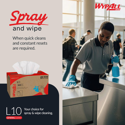General Clean L10 Light Cleaning Cloths Wipes Pop Up Box White Dairy Towels Soft Highly Absorbent Bulk Paper Wipers displayed on box with person cleaning