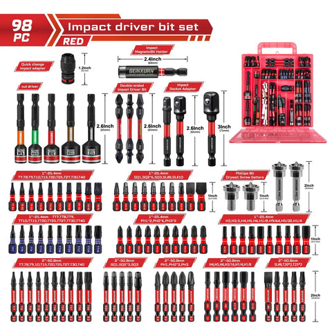 98 Piece Impact Screwdriver Bit Set With Magnetic S2 Steel Bits 1in And 2in in red storage case for heavy duty projects