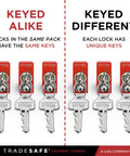 Image showing keyed alike and keyed different red aluminum padlocks with keys, illustrating unique and same key systems.