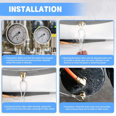 Installation guide showing use of One Quarter Inch Air Tank Drain Valve Plug With Sixty Inch Cable For Air Compressors And Semi Trucks, Easy Pull Cable Style Drain Replacement To Replace Petcock, Two Pack.