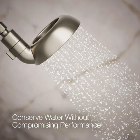 Statement VES Single-Function Showerhead 1.5 GPM Vibrant Brushed Nickel wide spray, water flowing, showcasing coverage and design.