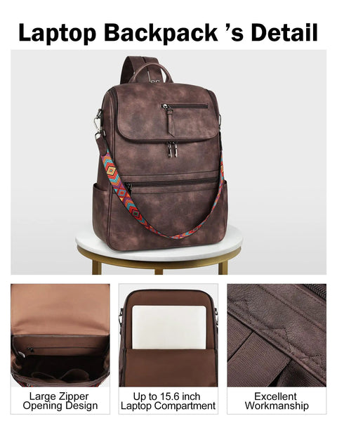 Close-up of a coffee brown leather laptop backpack for women, showing detailed pockets and 15.6-inch laptop compartment.
