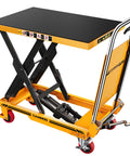 CAMMOO foldable hydraulic lift table cart, yellow, ribbed black deck, scissor lift, 500 lb capacity, angled front view