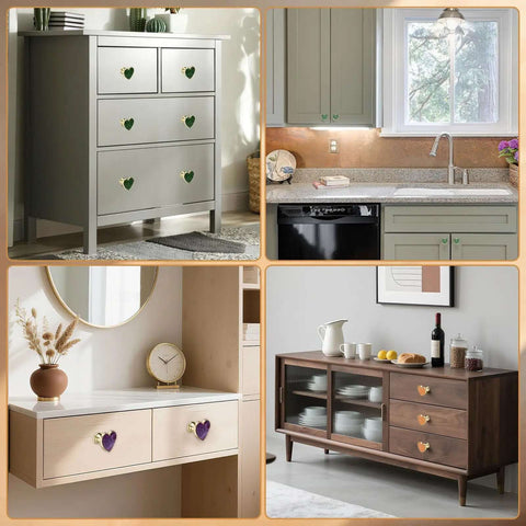 Swank Heart Shaped Zinc Alloy Drawer Knobs With Screws Included For Cabinets Cupboards And Dressers Hella Tough Yellow Pull Handles Heavy Duty Hardware Upgrade For Home Furniture Storage Projects 4 Pack showcased on various cabinets and dressers.