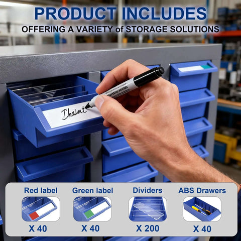 Person labeling drawer on 40 Drawers Parts Cabinet With Label Stickers And Bolt Nut Tool Storage, Heavy Duty Alloy Steel And ABS Drawers