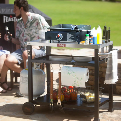 Three Shelf Pizza Oven Table With Stainless Top And Rolling Outdoor Grill Cart Waterproof Cover Heavy Duty BBQ Prep Station For Patio And Deck Sturdy Mobile Prep Surface For Pizza Ovens Griddles And Backyard Grills