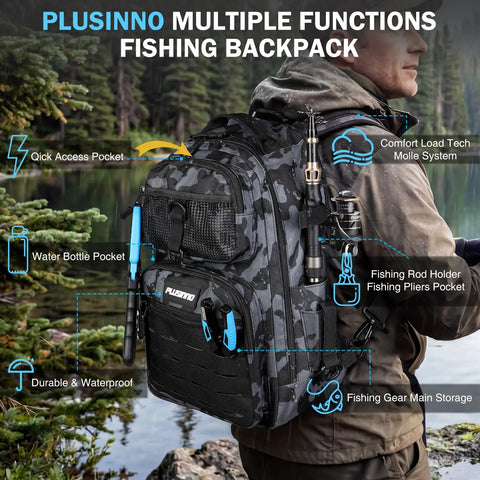Man in nature with All-In-One Fishing Gear Backpack With Tackle Box And Rod Holders, MOLLE system and waterproof design