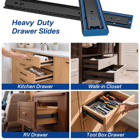 Heavy Duty Soft Close Drawer Slides With Hella Smooth Hydraulic Dampers And Tough One Hundred Pound Load Rating Steel Cabinet Glides Two Pair Kit For Quick Home Upgrades displayed in kitchen, closet, RV, and toolbox.